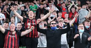 Bohemians fans during the club’s superb 2-1 win over  PAOK of Greece at the Aviva Stadium. Photograph: Niall Carson/PA Wire