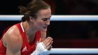 Ireland’s Kellie Anne Harrington celebrates after winning against Thailand’s Sudaporn Seesondee in the women’s light (57-60kg) semi-final. Photograph: Getty Images