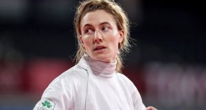 Ireland’s Natalya Coyle after the ranking round of fencing in the modern pentathlon on Thursday. Photograph: Bryan Keane/Inpho