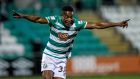 Aidomo Emakhu celebrates after scoring Shamrock Rovers’ injury-time winner in Tallaght. Photograph: Tommy Dickson/Inpho