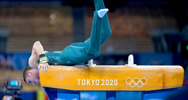 Ireland’s Rhys McClenaghan loses his balance  during the Men’s Pommel Horse Final at the Ariake Gymnastics Centre in Tokyo. Photograph:  Mike Egerton/PA Wire