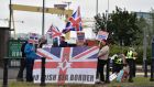 Loyalists holding  a protest against the Northern Ireland protocol and the so-called ‘Irish sea border’ in Belfast on  July 3th, 2021. Photograph:   Charles McQuillan/Getty Images