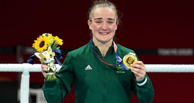 Ireland’s Kellie Anne Harrington celebrates with her gold medal after the women’s light (57-60kg) final bout at the Kokugikan Arena at the Tokyo 2020 Olympic Games. Photo: Adam Davy/PA Wire