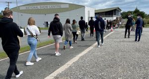 People queuing at  the walk-in Covid-19 vaccine centre at the National Show Centre in Cloghran, Swords, Co Dublin. Photograph: Alan Betson