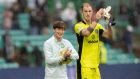 New Celtic signings Kyogo Furuhashi and Joe Hart after their side’s 6-0 drubbing of Dundee. Photograph: Steve Welsh/Getty