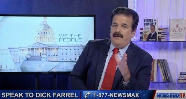 Anti-vaxxer: Dick Farrel, who appeared on Newsmax, was described as a pioneer ‘shock talk’ host