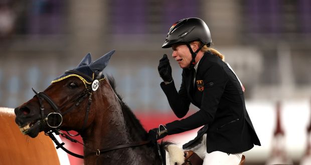 Germany’s Annika Schleu in tears  following her experience  on Saint Boy in the riding section of the   Modern Pentathlon in Tokyo. Photograph:  Dan Mullan/Getty Images