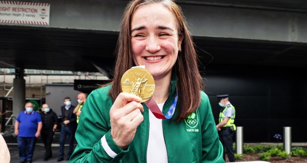 Team Ireland return home from Tokyo: Kellie Harrington with her gold medal at Dublin Airport. Photograph: Laszlo Geczo/ Inpho