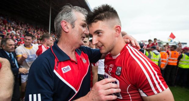 Cork manager Kieran Kingston celebrates with his son Shane after the 2017 Munster final win over Clare at Semple Stadium. Photograph: Cathal Noonan/Inpho