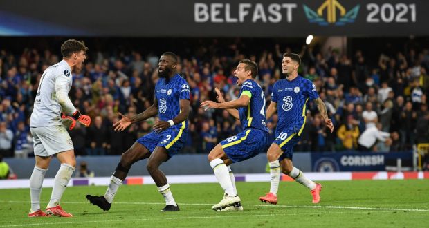 Chelsea goalkeeper Kepa Arrizabalaga celebrates with Antonio Rüdiger, Cesar Azpilicueta and Christian Pulisic after the penalty shoot-out win over Villarreal in the European Super Cup Final at Windsor Park in Belfast . Photograph:  Paul Ellis/AFP via Getty Images