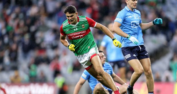  Tommy Conroy celebrates as Mayo take the lead in the All-Ireland semi-final against Dublin at Croke Park. Photograph: Laszlo Geczo/Inpho