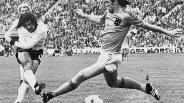 Gerd Muller scores in the 1974 World Cup final against Netherlands. Photo: AFP via Getty Images