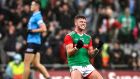 Mayo’s Jordan Flynn celebrates at the final whistle. Photograph: Tommy Dickson/Inpho