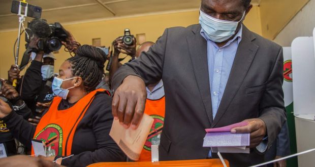 Zambian opposition leader Hakainde Hichilema casts his vote in Lusaka ahead of his presidential win.   Photograph: Salim Dawood 