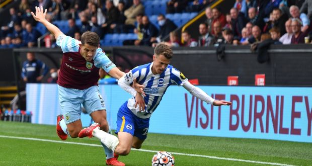 Goalscorer James Tarkowski of Burnley (left) collides with Brighton and Hove Albion’s Solly March last weekend. Photograph: Anthony Devlin/PA Wire