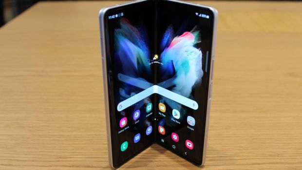 The new Samsung Galaxy Z Fold3 looks and acts like a smartphone while closed, and opens into a tablet-style display. Photograph: Martyn Landi/PA