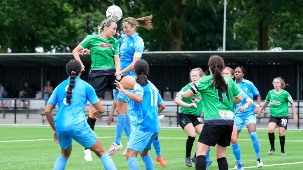 Stephanie Roche of Peamount United challenged in the air with Violeta Slovic of ZFK Spartak Subotica. Photograph: Rene Nijhuis/Orange Pictures