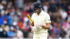 England’s Dom Sibley looks dejected after being out for a duck during day five of the  second Test match against India at Lord’s. Photograph: Zac Goodwin/PA Wire