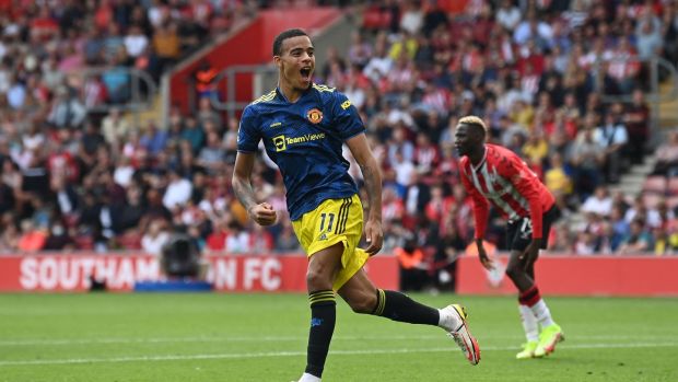 Mason Greenwood celebrates afetr scoring Manchester United’s equaliser at St Mary’s. Photograph: Glyn Kirk/Getty/AFP