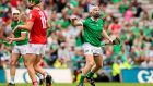 Limerick’s Cian Lynch celebrates after scoring one of his six points against Cork. Photograph: James Crombie/Inpho