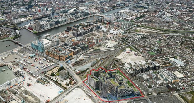 An aerial view of the Dublin docklands with a computer generated image of the proposed Brick Yards scheme 