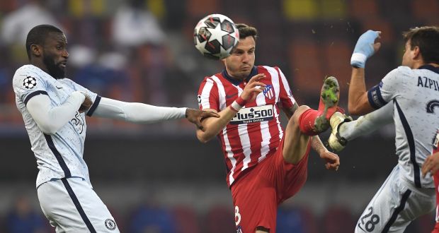  Saul Niguez  of Atletico Madrid in action against Chelsea’s Antonio Rudiger and Cesar Azpilicueta  during the Champions League.  Photograph:  Stefan Constantin/Anadolu Agency via Getty Images