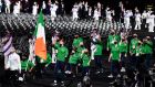 Ireland flagbearers Britney Arendse andJordan Lee lead the Irish paralympic team  during the opening ceremony of the Tokyo 2020 Paralympic Games at the Olympic Stadium in Tokyo, Japan. Photograph: Sam Barnes/Sportsfile