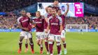  Said Benrahma of West Ham celebrates with his West Ham team-mates after scoring  against Leicester City at  The London Stadium. Photograph:  Sebastian Frej/MB Media/Getty Images