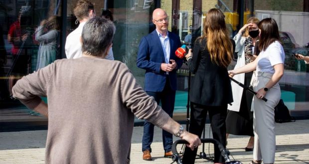 Minister for Health Stephen Donnelly speaking to members of the media on Tuesday at Croke Park in Dublin, where Covid-19 community testing was taking place. Photograph: Tom Honan