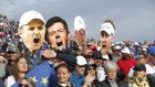European fans with big cardboard heads of Justin Rose, Rory McIlroy, Sergio Garcia and Ian Poulter during day three of the 2018 Ryder Cup at Le Golf National in Paris. Photograph: Tom Jenkins/Getty Images