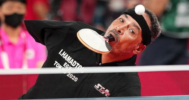 Ibrahim  Hamadtou of Egypt  competes in his men’s singles table tennis match at the 2020 Tokyo Paralympics on Wednesday.  Photograph: Chang W Lee/New York Times