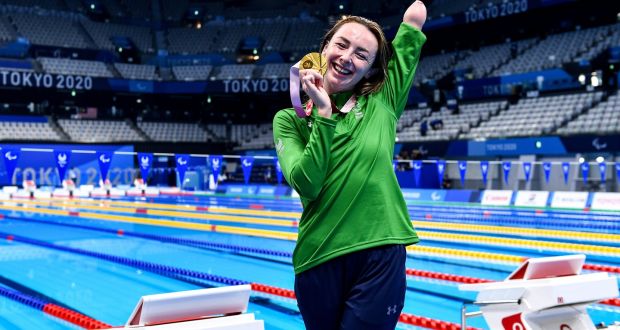 Ellen Keane celebrates winning a gold medal at the Paralympic Games in the SB8 100m Breaststroke final at Tokyo’s Aquatic Centre. Photograph: Tommy Dickson/Inpho