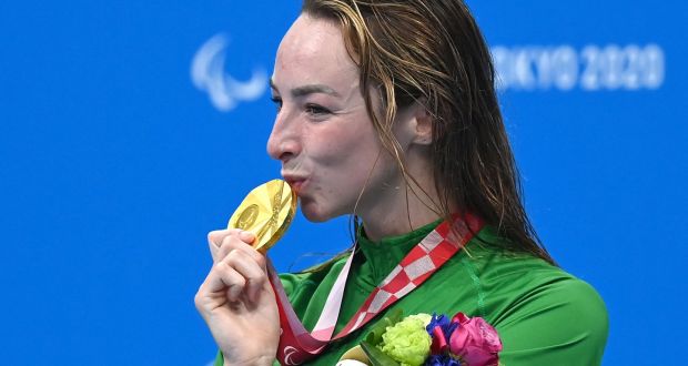  Ireland’s Ellen Keane celebrates with gold after winning the women’s 100m breaststroke (SB8)   at the Tokyo Aquatics Centre. Photograph:  Kazuhiro Nogi/AFP via Getty Images