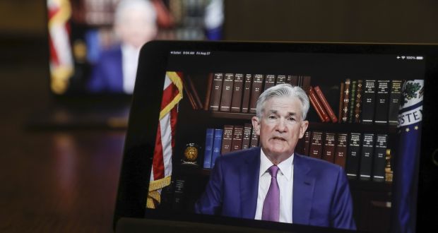Jerome Powell, chairman of the US. Federal Reserve, speaks virtually during the Jackson Hole economic symposium. Photograph: Daniel Acker/Bloomberg