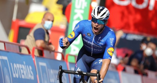  Florian Senechal from Deceuninck- Quick-Step celebrates winning the 13th stage of the  Vuelta a Espana. Photograph: Manuel Bruque/EPA