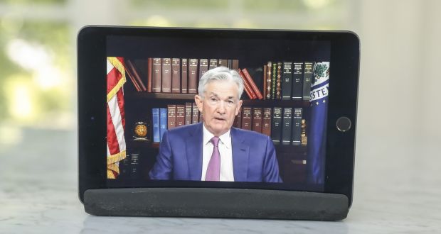 Jerome Powell, chairman of the U.S. Federal Reserve, speaks virtually during the Jackson Hole economic symposium in Illinois, US, on Friday. Photograph: Daniel Acker/Bloomberg