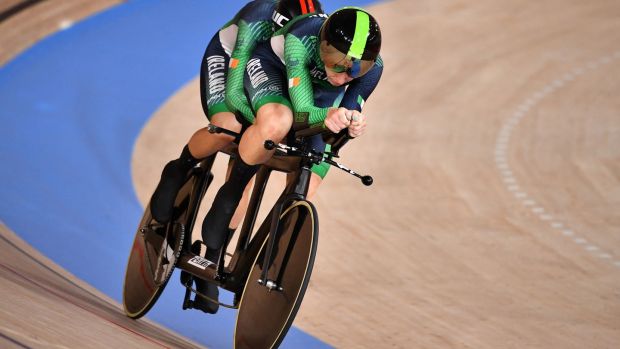 Ireland’s Katie-George Dunlevy and her pilot Eve McCrystal compete in the women’s B 3000m individual pursuit final during the Tokyo 2020 Paralympic Games at the Izu velodrome. Photograph: Kazuhiro Nogi/AFP/Getty Images