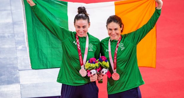 Ireland’s Katie George Dunlevy and Eve McCrystal celebrate taking silver at the Tokyo Paralympics. Photograph: Casey B Gibson/Inpho