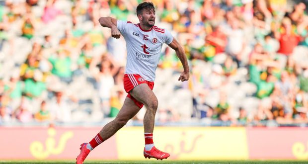 Tyrone’s Conor McKenna celebrates scoring his side’s third goal of the game during the  All-Ireland SFC semi-final at Croke Park. Photograph: Ryan Byrne/Inpho