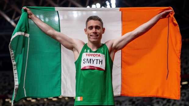 Ireland’s Jason Smyth celebrates winning the gold medal at the Olympic Stadium. Photograph: Bob Martin/EPA