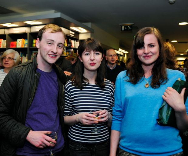 Sally Rooney at the launch of Belinda McKeon’s novel Tender at the Hodges Figgis bookshop in Dublin, with Michael Barton and Maggie Armstrong in June 2015. Photograph: Aidan Crawley