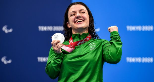 Nicole Turner of Ireland with her silver medal at the Tokyo Aquatic Centre. Photograph: David Fitzgerald/Sportsfile