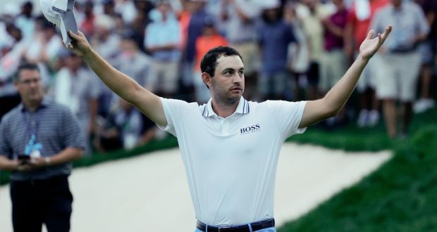  Patrick Cantlay  celebrates after defeating Bryson DeChambeau  on the sixth playoff hole during the final round of the BMW Championship at Caves Valley Golf Club  in Owings Mills, Maryland. Photograph:  Tim Nwachukwu/Getty Images
