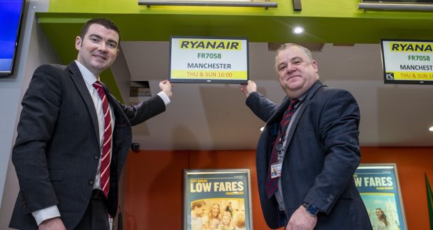 Then Minister of State for Tourism and Sport Brendan Griffin and  Kerry Airport chief executive John Mulhern pictured last year announcing a new route by Ryanair to Manchester. Photograph: Domnick Walsh © Eye Focus LTD 
