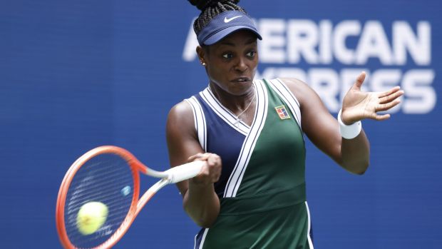 Sloane Stephens hits a return to Madison Keys during their first-round match. Photograph: Justin Lane/EPA