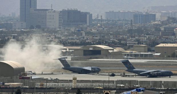 A US Air Force aircraft prepares for take-off from the airport in Kabul on Monday. Photograph: Aamir Qureshi/AFP via Getty Images