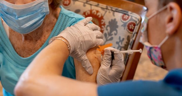Covid vaccines: older people, residents of long-term care facilities and healthcare workers  will likely be among the first to receive booster jabs. Photograph: Hannah Beier/Bloomberg