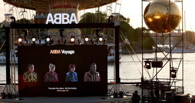 Members of Abba are seen on a display during an event at Grona Lund, Stockholm on Thursday  when they launched first new song for nearly four decades.Photograph: Fredrik Persson / TT News Agency/AFP via Getty Images