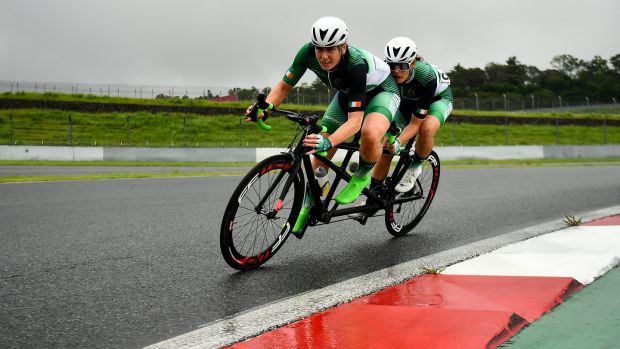 Eve McCrystal, pilot, and Katie George Dunlevy in action during the Women’s B road race in Tokyo. Photograph: David Fitzgerald/Sportsfile