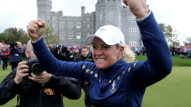 Suzann celebrates Europe’s 15-13 victory on the 18th at Killeen Castle in 2011. Photograph: Andy Lyons/Getty